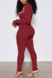Wine Red Casual Sportswear Fiber Patchwork Solid Patchwork Pants Zipper Collar Long Sleeve Regular Sleeve Short Two Pieces