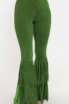 Pantalones con corte de bota con borlas sólidas de felpa callejera sexy de moda verde militar