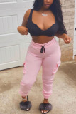 Ropa deportiva informal rosa, pantalones de frenillo con bolsillo liso, pantalones ajustados