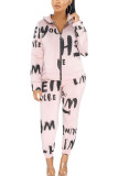 Pink Fashion Casual Adult Print Letter Hooded Collar Long Sleeve Regular Sleeve Regular Two Pieces