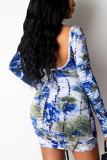 Blue Sexy Print Patchwork Frenulum Backless Fold V Neck Long Sleeve Mini Pencil Skirt Dresses