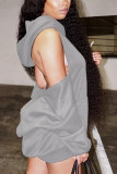 Серое модное сексуальное однотонное платье для взрослых с открытой спиной и воротником с капюшоном и длинным рукавом, мини-платье с длинными рукавами, платья