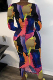 multicolorido moda impressão de fibra de leite tie-dye decote oco manga comprida comprimento tornozelo linha vestidos