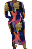 Multicolor Fashion Milk Fiber Print Tie-Dye O-Ausschnitt Langarm Knöchellänge A-Linie Kleider