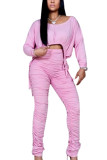 Pink Sexy Solid Patchwork Fold O Neck Long Sleeve Regular Sleeve Short Two Pieces