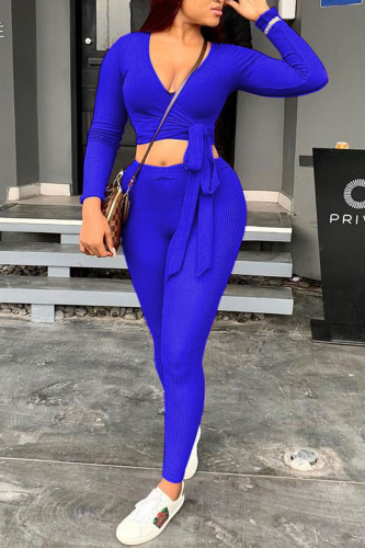 Blue Casual Knitting Patchwork Solid Patchwork Pullovers Pants Knotted V Neck Long Sleeve Regular Sleeve Short Two Pieces