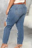 Blå Sexig Denim Solid Ripped Plus Size