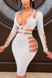 White Sexy Solid Hollowed Out Patchwork V Neck Long Sleeve Knee Length Pencil Skirt Dresses