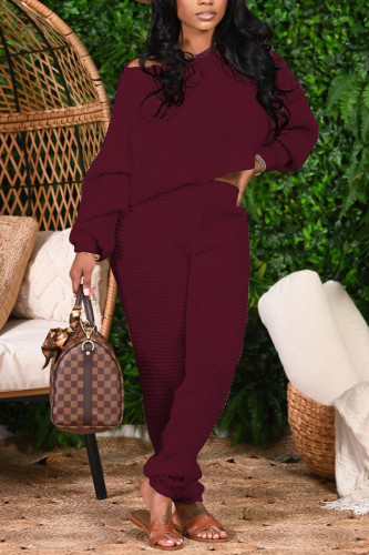 Purplish Red Fashion Casual Adult Solid Patchwork Oblique Collar Long Sleeve One Shoulder Regular Two Pieces