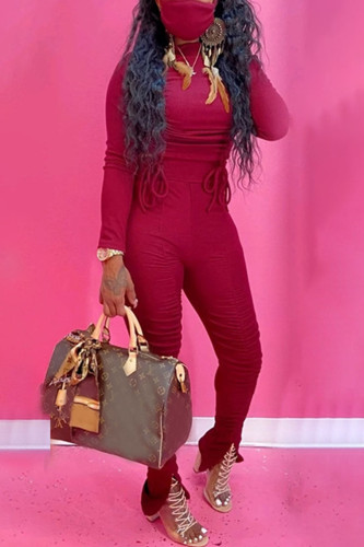 Wine Red Sexy Casual Blends Solid Draw String Slit Fold Half A Turtleneck Long Sleeve Regular Sleeve Short Two Pieces