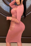 Розовые сексуальные однотонные выдолбленные лоскутные платья с V-образным вырезом и длинным рукавом длиной до колена, юбка-карандаш