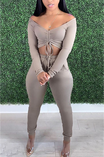 Grey Fashion Casual Adult Solid Draw String Bateau Neck Long Sleeve Off The Shoulder Short Two Pieces