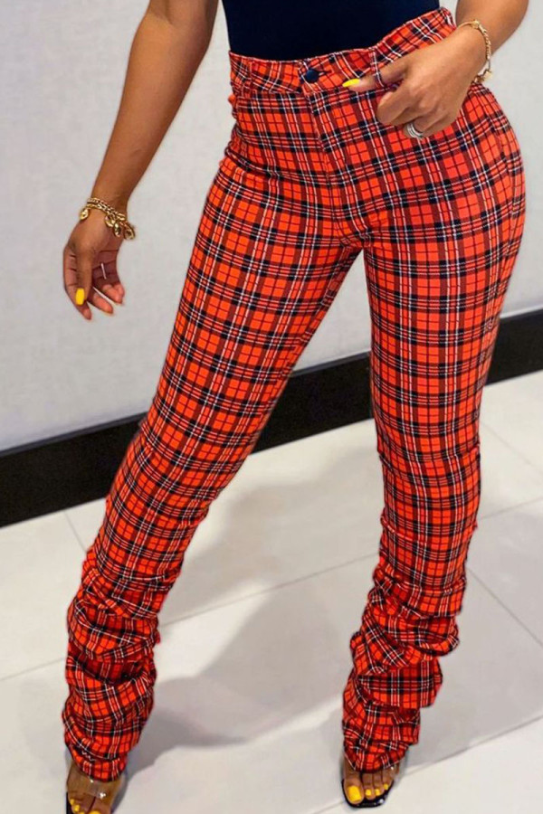 Red Casual Plaid Print Boot Cut Bottoms