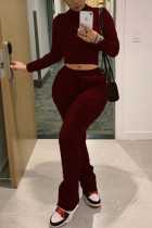 Wine Red Casual Street Sportswear Solid Frenulum Pullovers Pants O Neck Long Sleeve Regular Sleeve Short Two Pieces