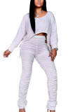 White Sexy Solid Patchwork Fold O Neck Long Sleeve Regular Sleeve Short Two Pieces