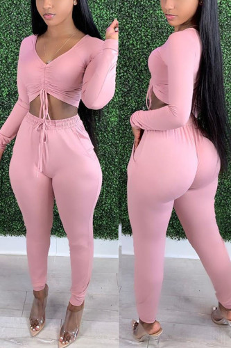 Pink Fashion Casual Adult Solid Draw String Bateau Neck Long Sleeve Off The Shoulder Short Two Pieces