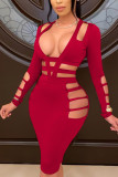Pink Sexy Solid Hollowed Out Patchwork V Neck Long Sleeve Knee Length Pencil Skirt Dresses