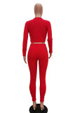Vermelho casual tricô retalhos sólido retalhos pullovers calças atadas decote em v manga longa manga regular curto duas peças