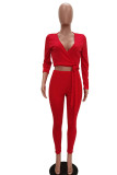 Red Casual Knitting Patchwork Solid Patchwork Pullovers Pants Knotted V Neck Long Sleeve Regular Sleeve Short Two Pieces