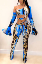 Pantaloni leopardati sexy blu con una spalla manica lunga in due pezzi