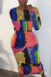 Multicolor Fashion Milk Fiber Print Tie-Dye O-Ausschnitt Langarm Knöchellänge A-Linie Kleider