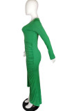 groene mode sexy volwassen melkvezel effen vouw o hals lange mouw vloer lengte lange mouw jurk jurken