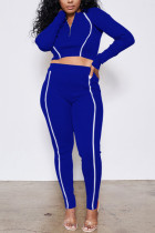 Abbigliamento sportivo casual blu Patchwork in fibra Pantaloni patchwork solidi Colletto con cerniera Manica lunga Manica normale Corta Due pezzi