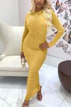 Yellow Sexy Solid Fold O Neck Long Sleeve Ankle Length Pencil Skirt Dresses