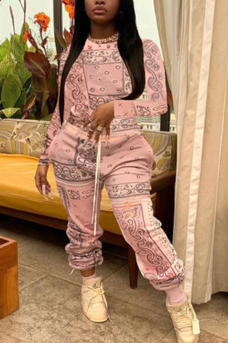Pink Fashion Sportswear Adult Polyester Print Draw String O Neck Plus Size 