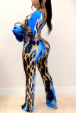 Blue Sexy Leopard Pants One Shoulder Long Sleeve Two Pieces