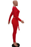 Red Casual Knitting Patchwork Solid Patchwork Pullovers Pants Knotted V Neck Long Sleeve Regular Sleeve Short Two Pieces