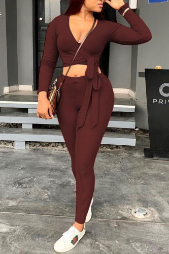 Coffee Casual Knitting Patchwork Solid Patchwork Pullovers Pants Knotted V Neck Long Sleeve Regular Sleeve Short Two Pieces