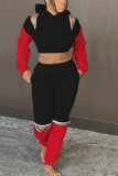 Preto e vermelho moda casual retalhos sólido rasgado retalhos calças com capuz gola manga longa manga regular curto duas peças
