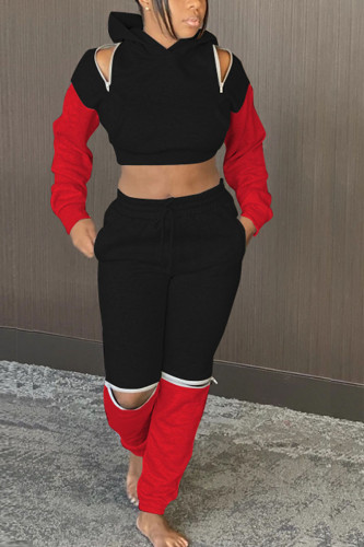 Black and red Fashion Casual Patchwork Solid Ripped Patchwork Pants Hooded Collar Long Sleeve Regular Sleeve Short Two Pieces