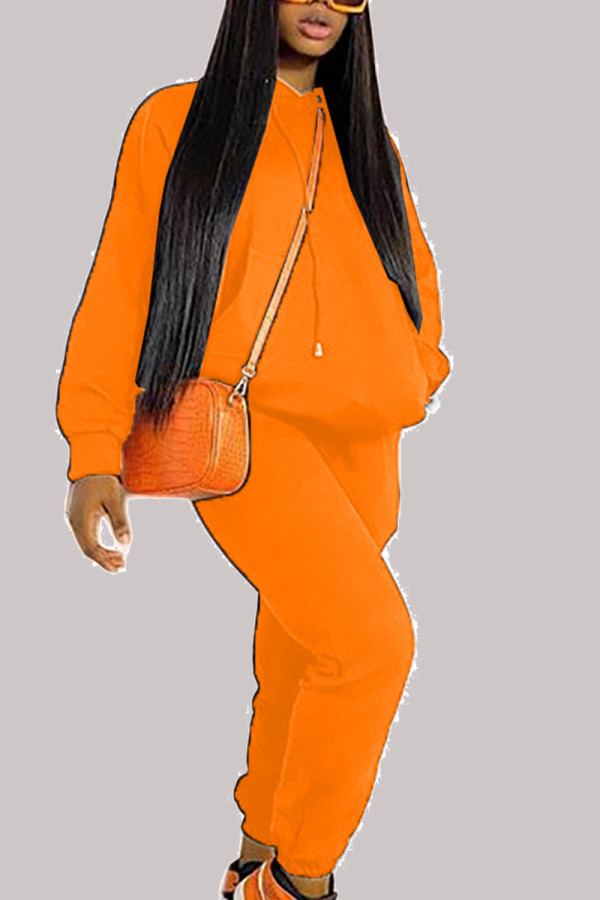 Orange Fashion Casual Adult Acetate Fiber Print Patchwork Letter Hooded Collar Long Sleeve Regular Sleeve Regular Two Pieces