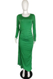 Green Fashion Sexy Adult Milk Fiber Solid Fold O Neck Long Sleeve Floor Length Long Sleeve Dress Dresses
