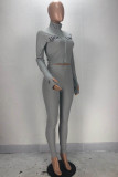 Grey Fashion Sexy adult Ma'am Letter Solid Two Piece Suits pencil Long Sleeve Two Pieces