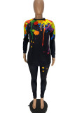 Blue Fashion Casual Adult Print Patchwork O Neck Long Sleeve Regular Sleeve Regular Two Pieces