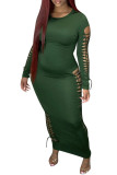 Green Fashion Sexy Adult Solid Ripped O Neck Long Sleeve Ankle Length Pencil Skirt Dresses