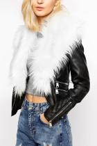 White Fashion Street Adult Artificial Furs Solid Patchwork V Neck Outerwear
