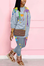 Grey Fashion Casual Adult Print Patchwork O Neck Long Sleeve Regular Sleeve Regular Two Pieces