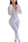 White Sexy Solid See-through O Neck Skinny Jumpsuits