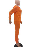 Orange Fashion Casual Adult Solid Pocket Hooded Collar Long Sleeve Regular Sleeve Regular Two Pieces