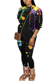 Black Fashion Casual Adult Print Patchwork O Neck Long Sleeve Regular Sleeve Regular Two Pieces