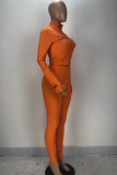 Moda naranja Sexy adulto señora carta sólido dos piezas trajes lápiz manga larga dos piezas
