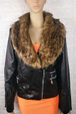 Brown Fashion Street Adult Artificial Furs Solid Patchwork V Neck Outerwear