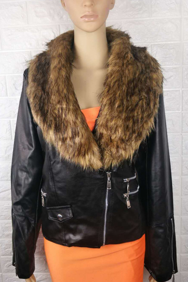 Yellow Fashion Street Adult Artificial Furs Solid Patchwork V Neck Outerwear