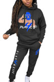 Black Casual Character Patchwork Letter Hooded Collar Long Sleeve Two Pieces