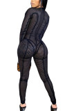 Zwarte sexy effen doorschijnende skinny jumpsuits met O-hals
