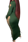 Зеленые модные сексуальные взрослые однотонные рваные платья-юбка-карандаш с длинным рукавом и круглым вырезом до щиколотки